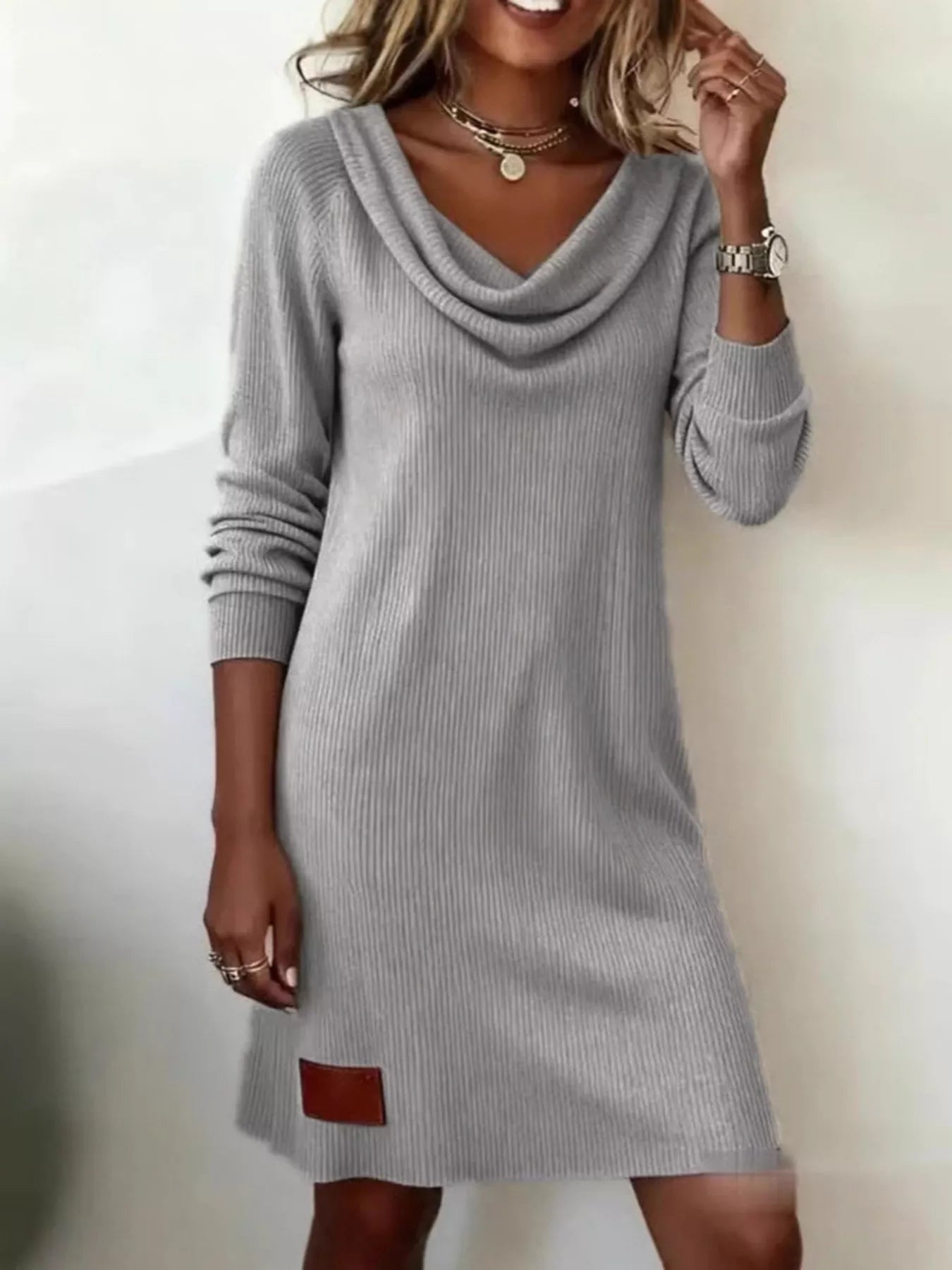 Casual Cowl Neck Ribbed Knit Mini Dress - Lara Moda