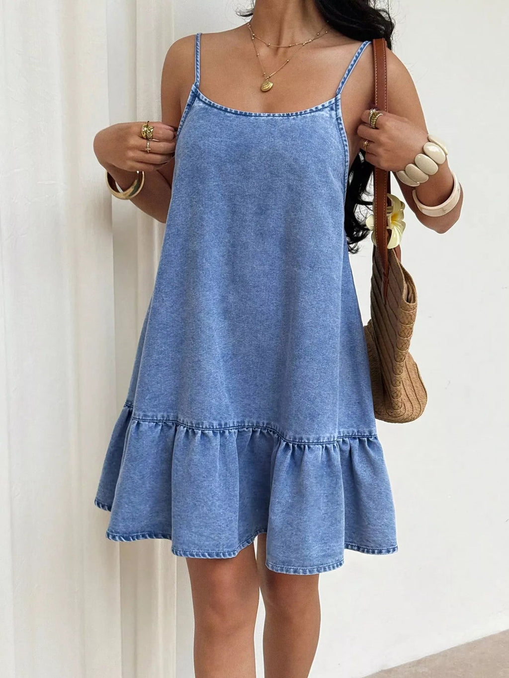 Casual Spaghetti Strap Ruffle Hem Denim Dress - Lara-moda store