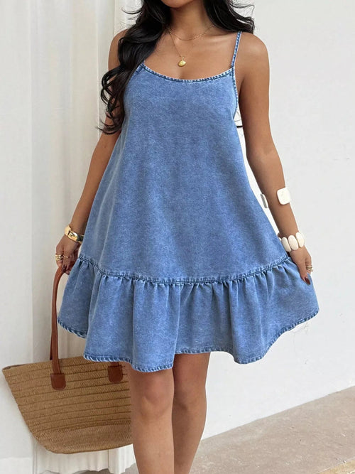 Casual Spaghetti Strap Ruffle Hem Denim Dress - Lara-moda store