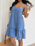 Casual Spaghetti Strap Ruffle Hem Denim Dress - Lara-moda store