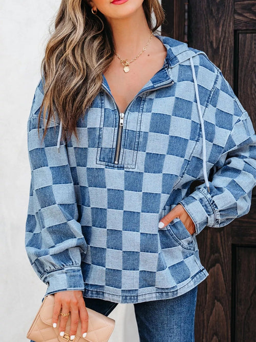 Checkered Half Zip Denim Hoodie Top - Lara Moda