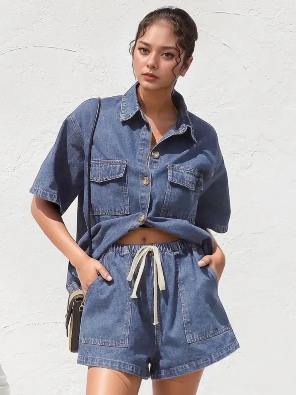 Collared Neck Button Up Top and Shorts Denim Set - Lara Moda