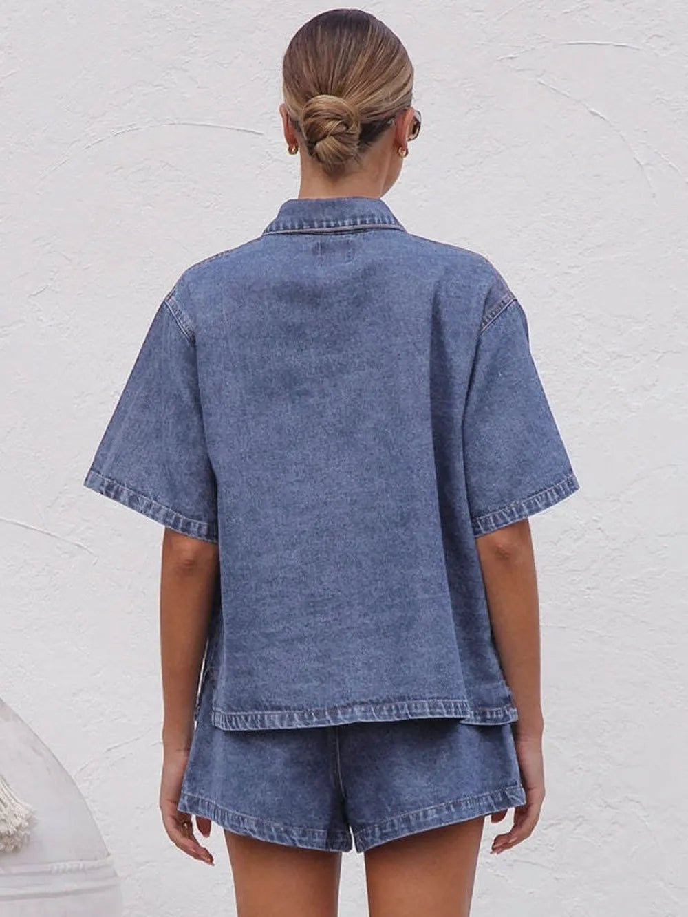 Collared Neck Button Up Top and Shorts Denim Set - Lara Moda