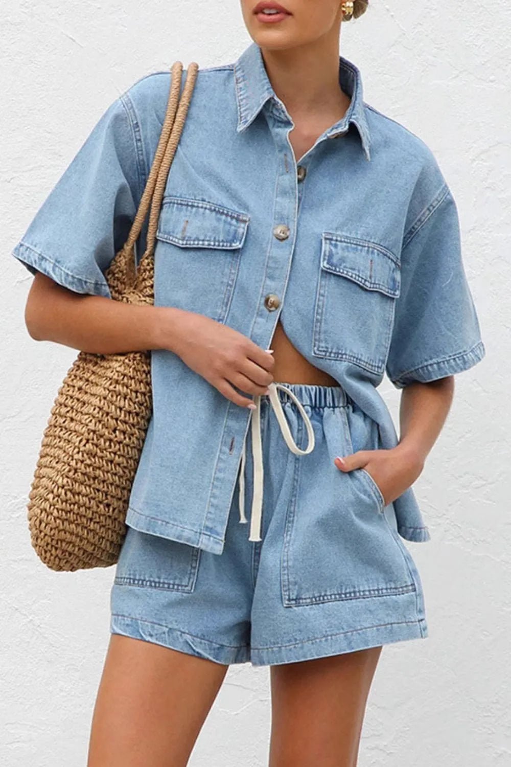 Collared Neck Button Up Top and Shorts Denim Set - Lara Moda