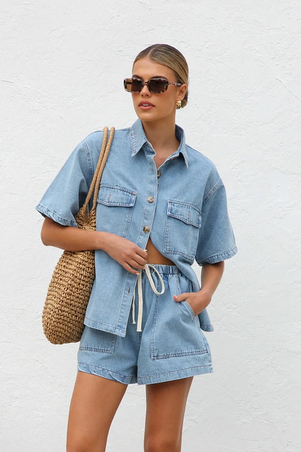 Collared Neck Button Up Top and Shorts Denim Set - Lara Moda
