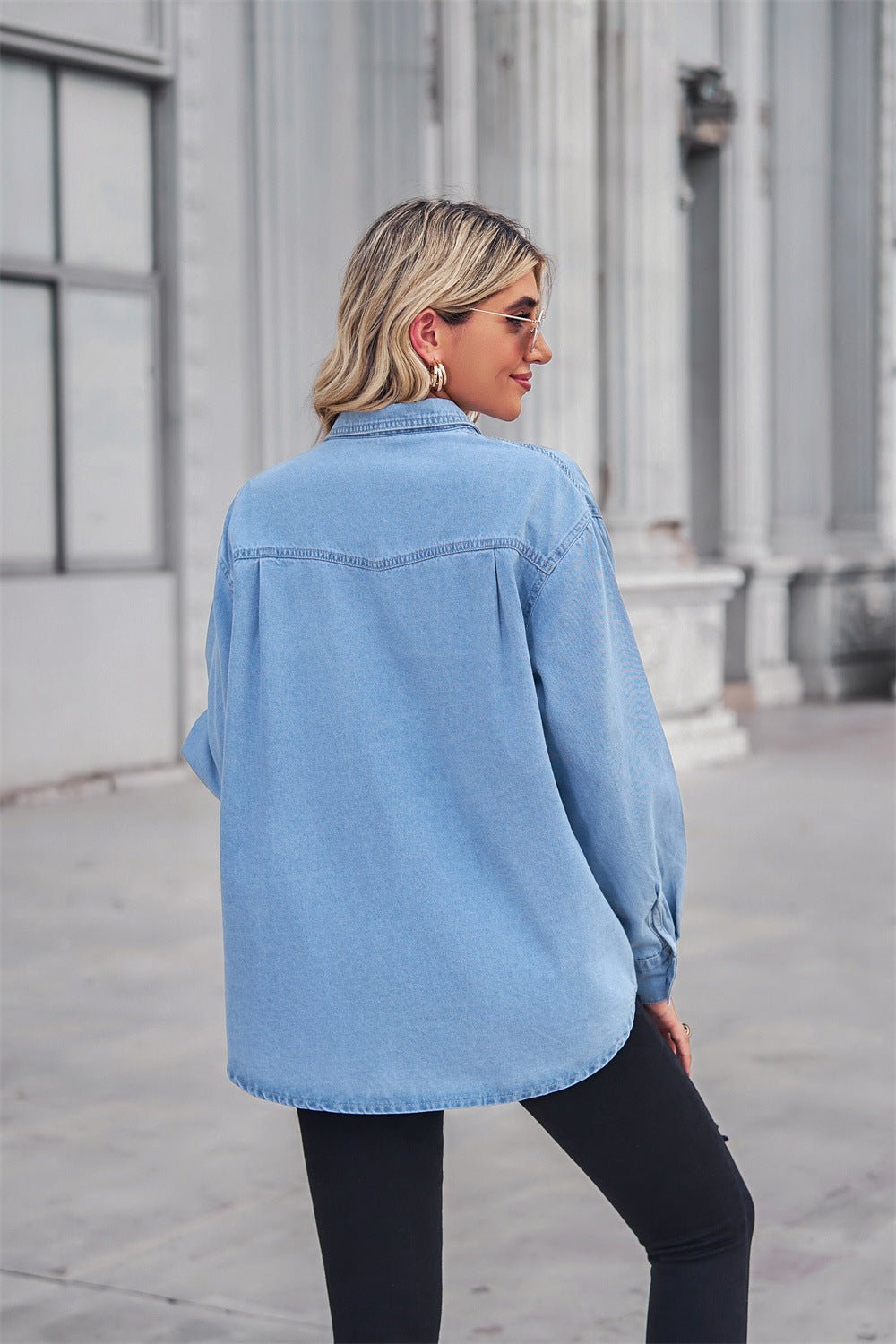 Collared Neck Dropped Shoulder Denim Top - Lara-moda store