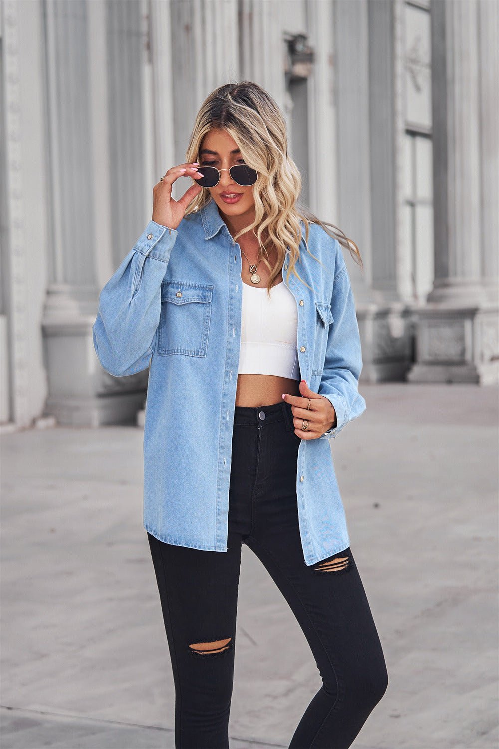 Collared Neck Dropped Shoulder Denim Top - Lara-moda store