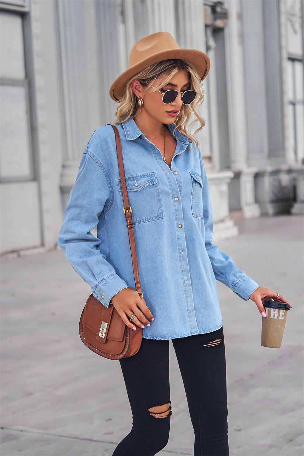 Collared Neck Dropped Shoulder Denim Top - Lara-moda store