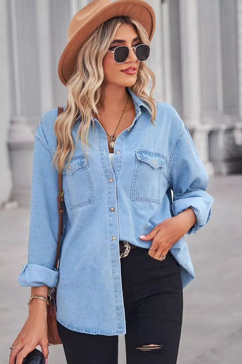 Collared Neck Dropped Shoulder Denim Top - Lara-moda store