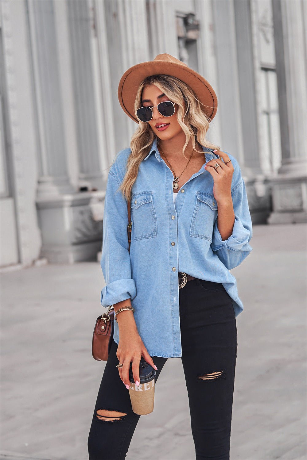 Collared Neck Dropped Shoulder Denim Top - Lara-moda store