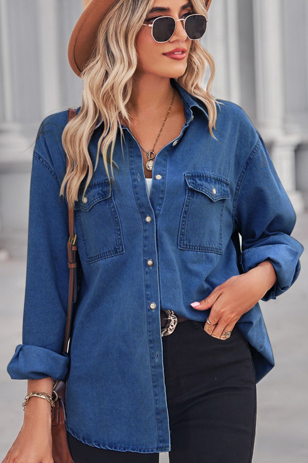 Collared Neck Dropped Shoulder Denim Top - Lara-moda store