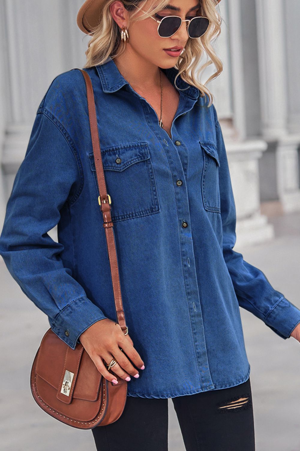 Collared Neck Dropped Shoulder Denim Top - Lara-moda store