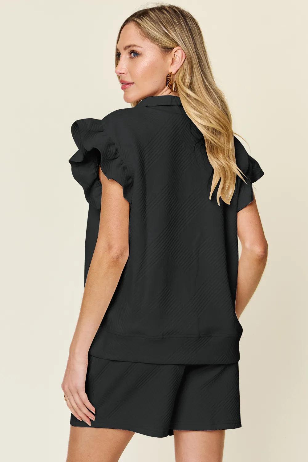Conjunto Double Take com Top Texturizado Manga Babado e Short com Cordão - Lara Moda