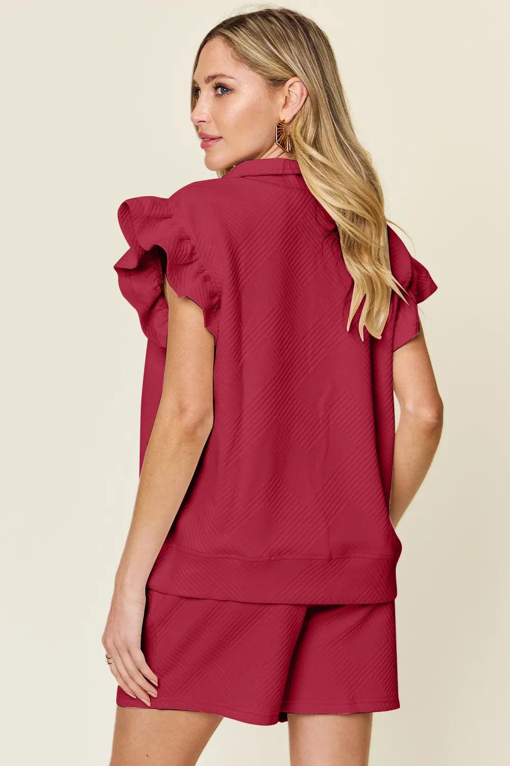Conjunto Double Take com Top Texturizado Manga Babado e Short com Cordão - Lara Moda