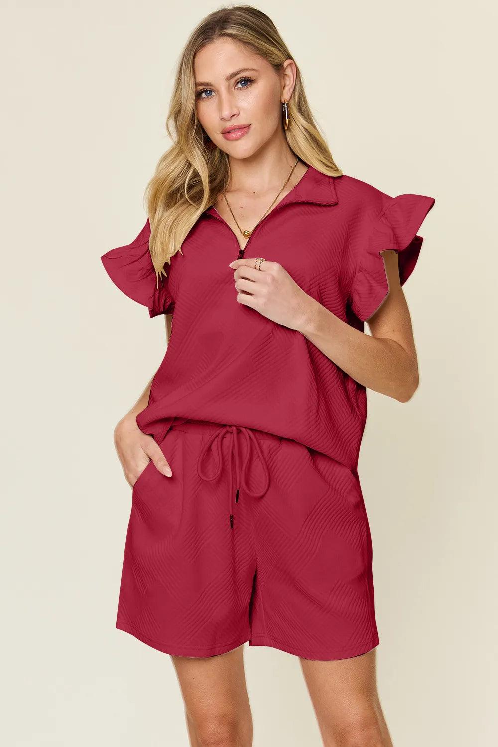 Conjunto Double Take com Top Texturizado Manga Babado e Short com Cordão - Lara Moda
