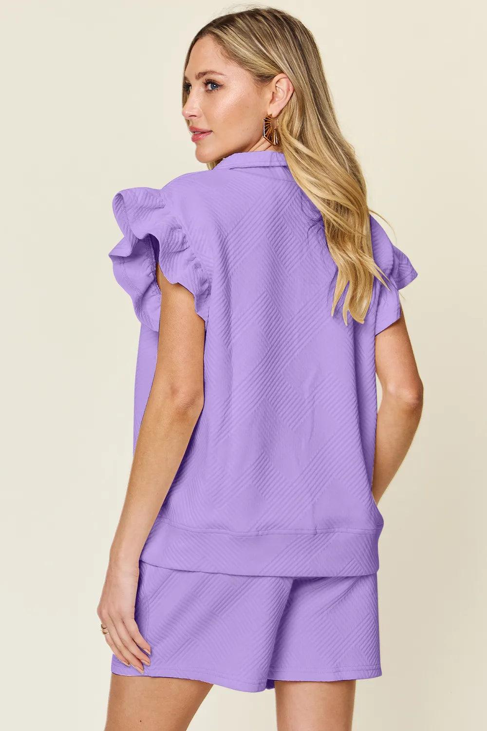 Conjunto Double Take com Top Texturizado Manga Babado e Short com Cordão - Lara Moda
