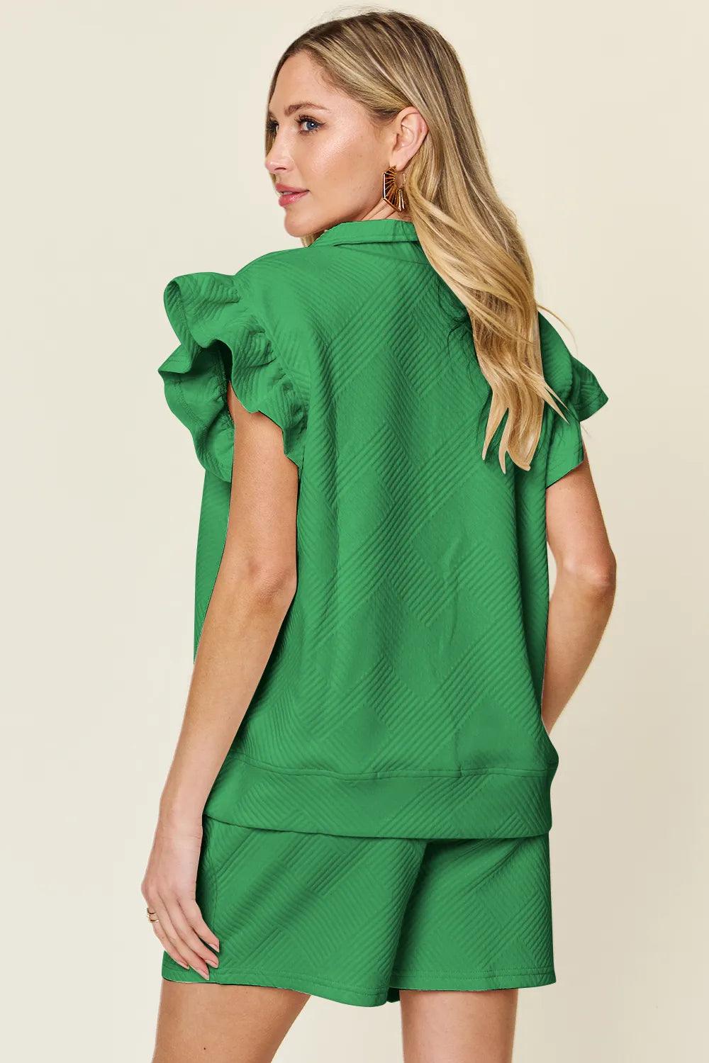 Conjunto Double Take com Top Texturizado Manga Babado e Short com Cordão - Lara Moda
