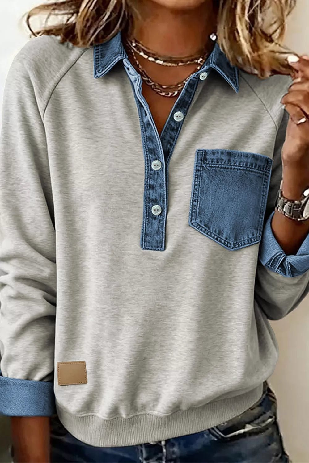 Denim-Trimmed Long Sleeve Top - Lara-moda store