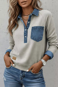 Denim-Trimmed Long Sleeve Top - Lara-moda store