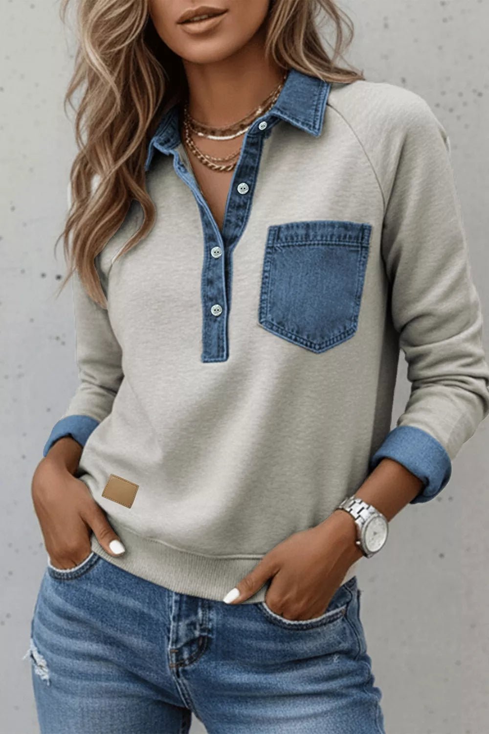 Denim-Trimmed Long Sleeve Top - Lara-moda store