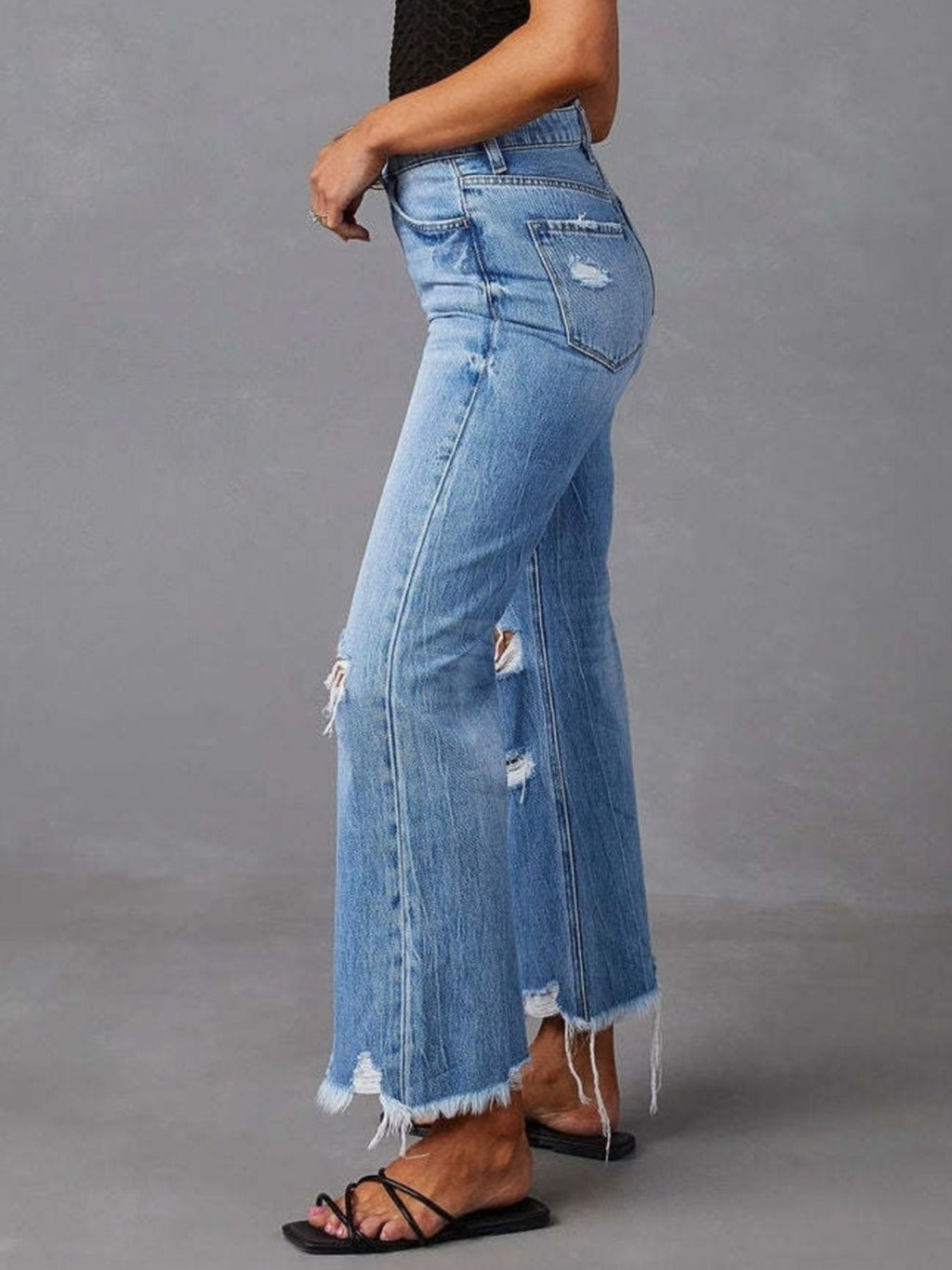 Distressed Raw Hem Flare Jeans - Lara-moda store