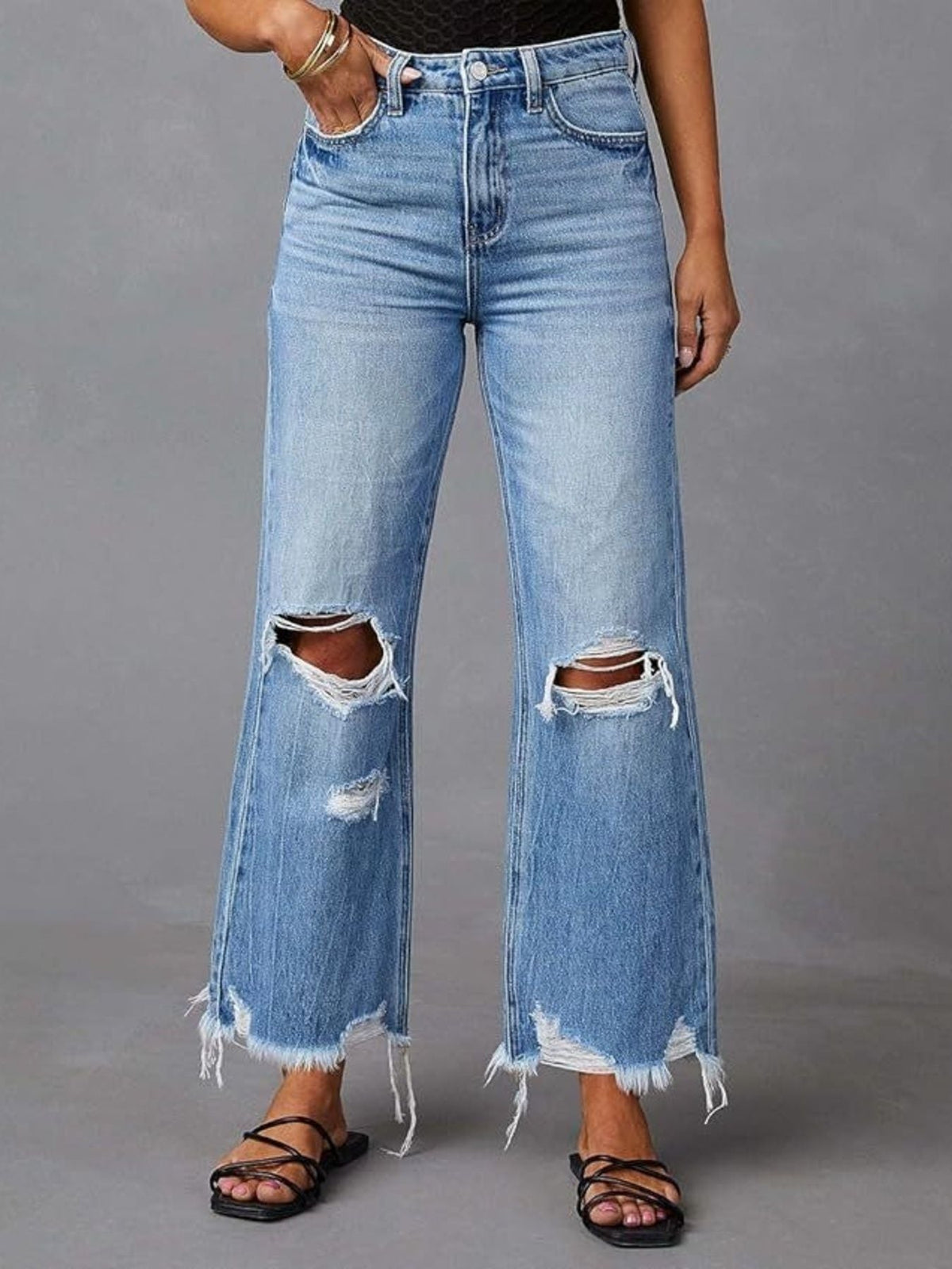 Distressed Raw Hem Flare Jeans - Lara-moda store