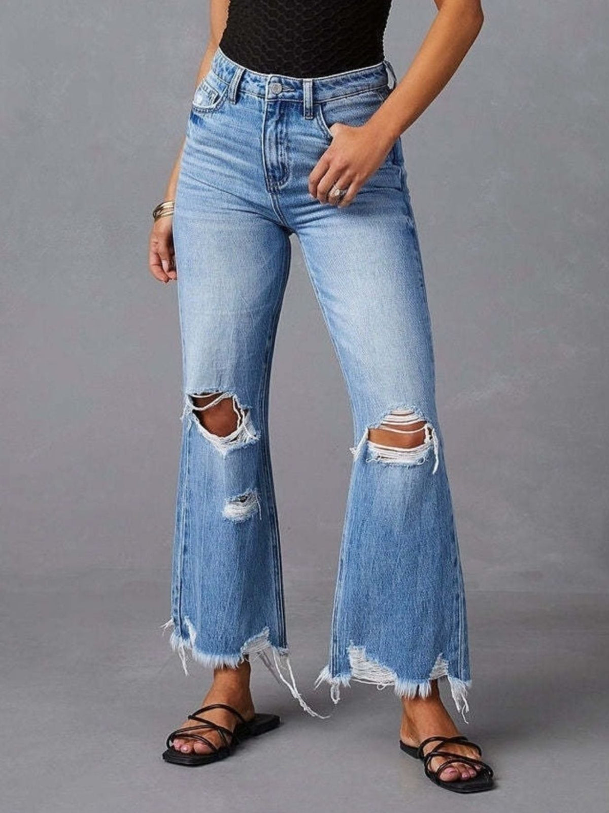 Distressed Raw Hem Flare Jeans - Lara-moda store