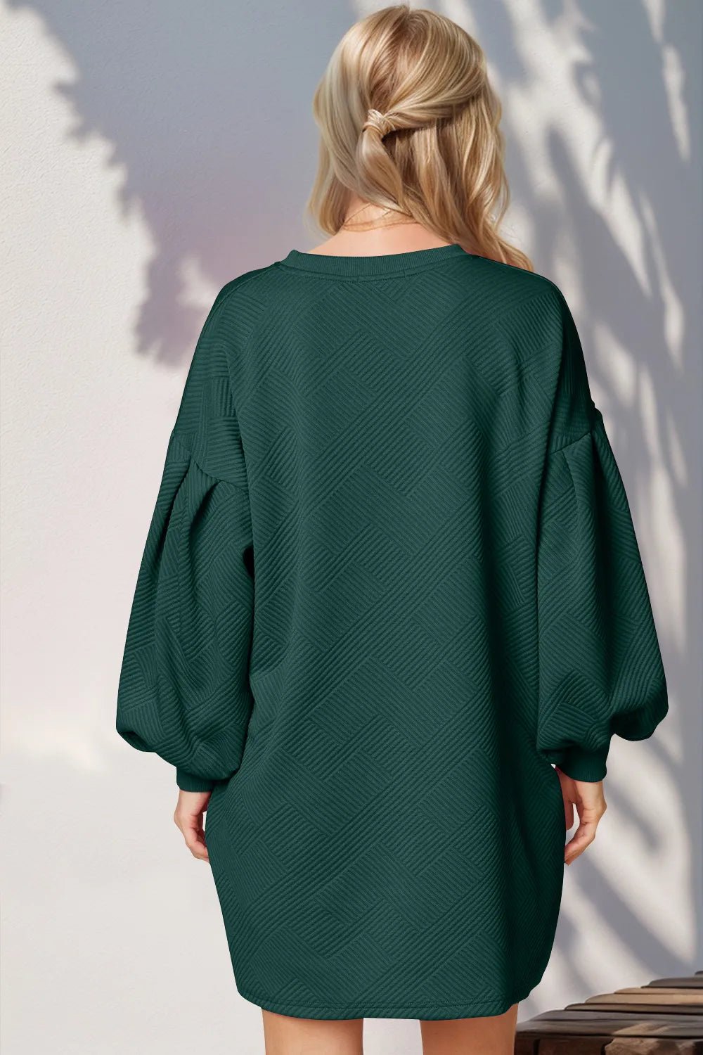 Double Take Drop Shoulder Lantern Sleeve Texture Mini Dress with Pockets - Lara Moda