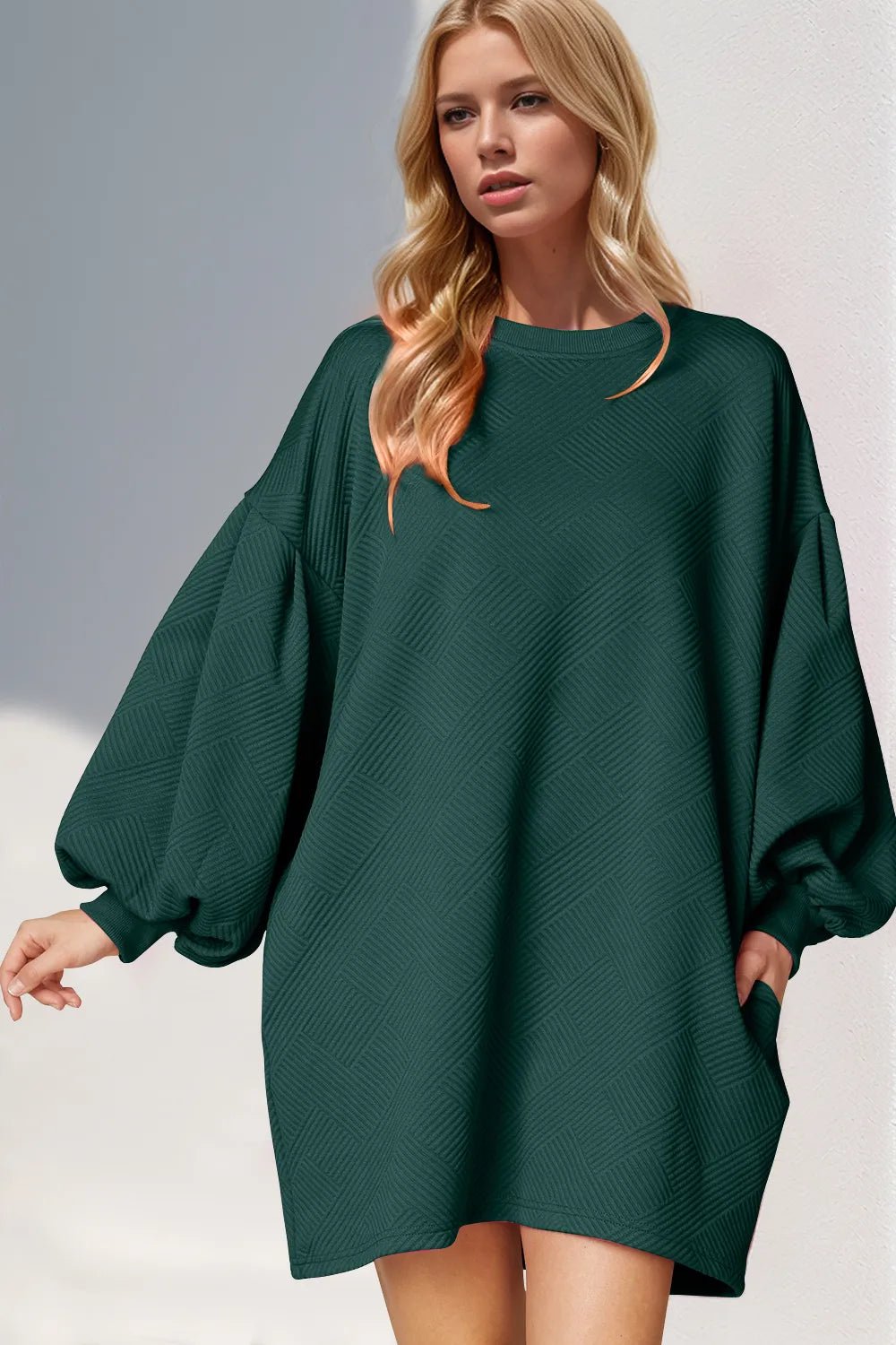 Double Take Drop Shoulder Lantern Sleeve Texture Mini Dress with Pockets - Lara Moda