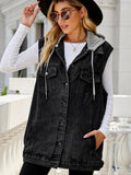 Drawstring Pocketed Button Up Sleeveless Denim Jacket - Lara-moda store