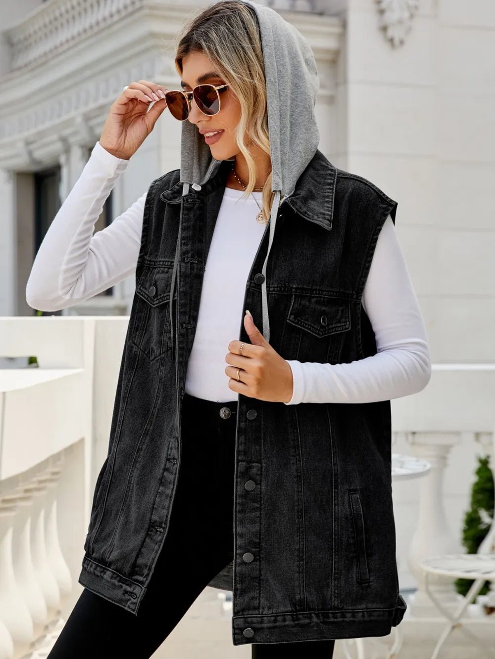 Drawstring Pocketed Button Up Sleeveless Denim Jacket - Lara-moda store