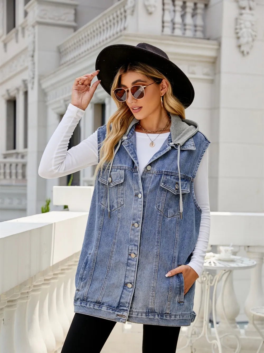 Drawstring Pocketed Button Up Sleeveless Denim Jacket - Lara-moda store