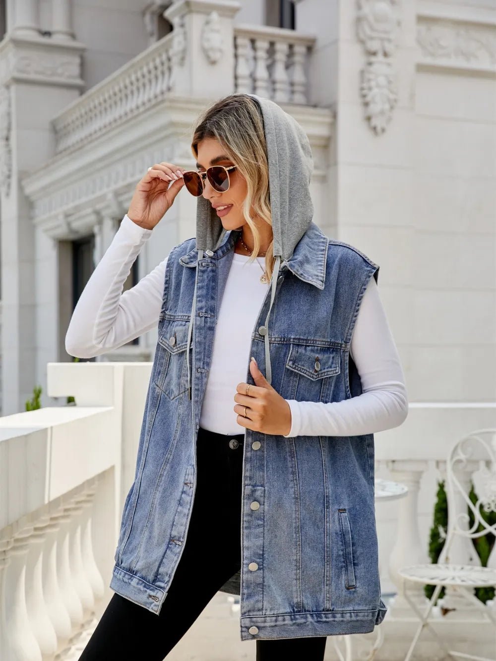 Drawstring Pocketed Button Up Sleeveless Denim Jacket - Lara-moda store