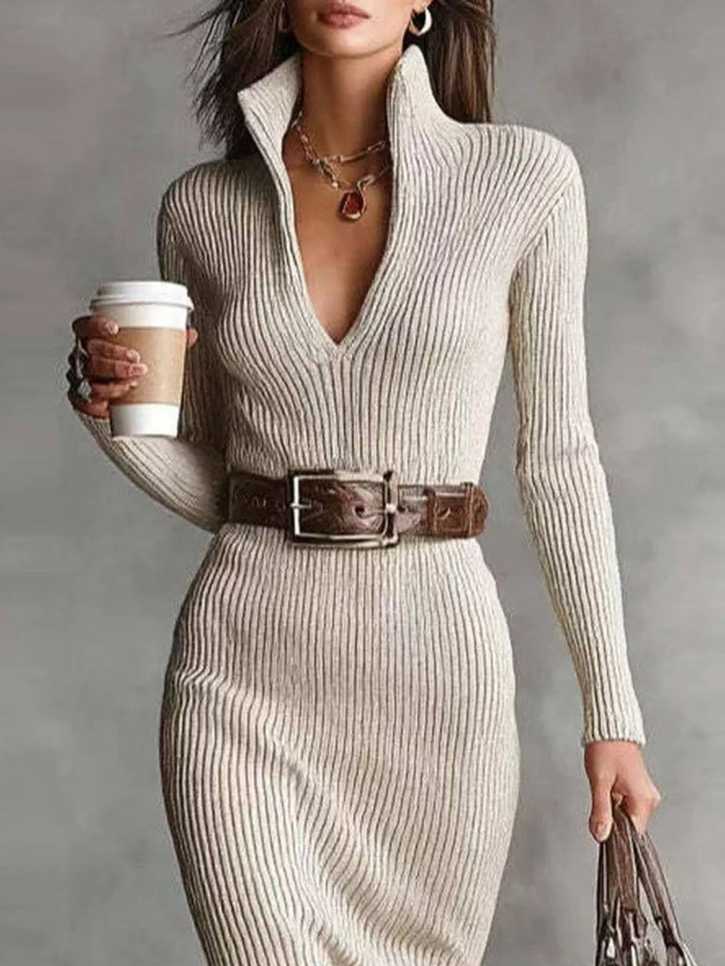 Elegant Ribbed Knit Turtleneck Midi Sweater Dress - Lara Moda