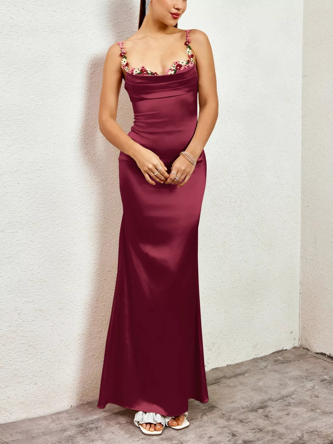 Floral Trim Satin Maxi Dress - Lara Moda