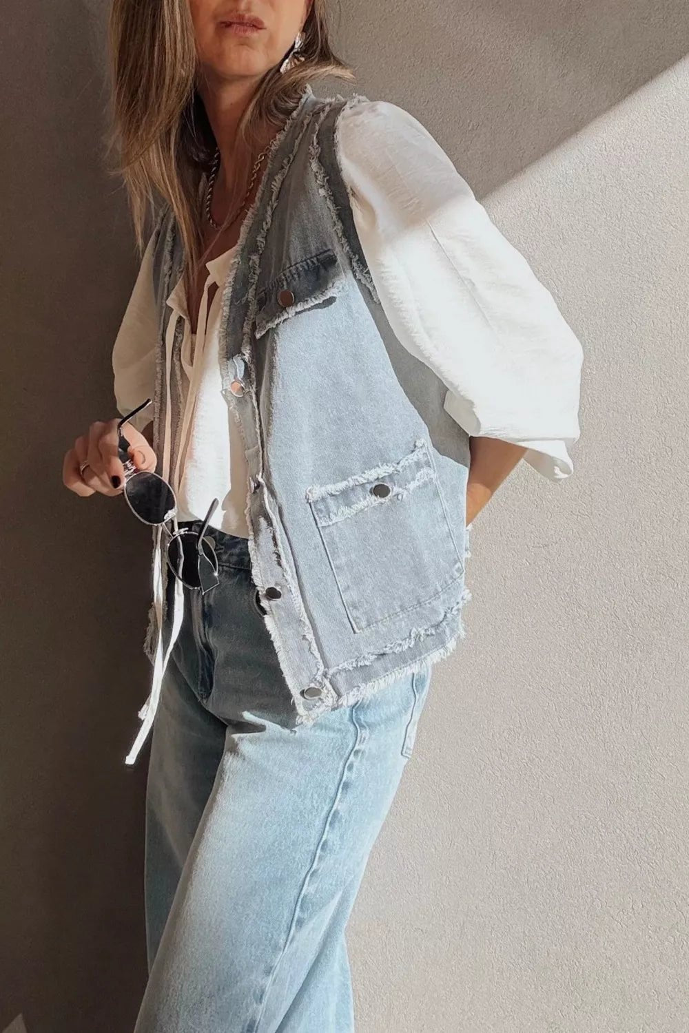 Frayed Edge Flap Pockets Denim Vest Jacket - Lara Moda
