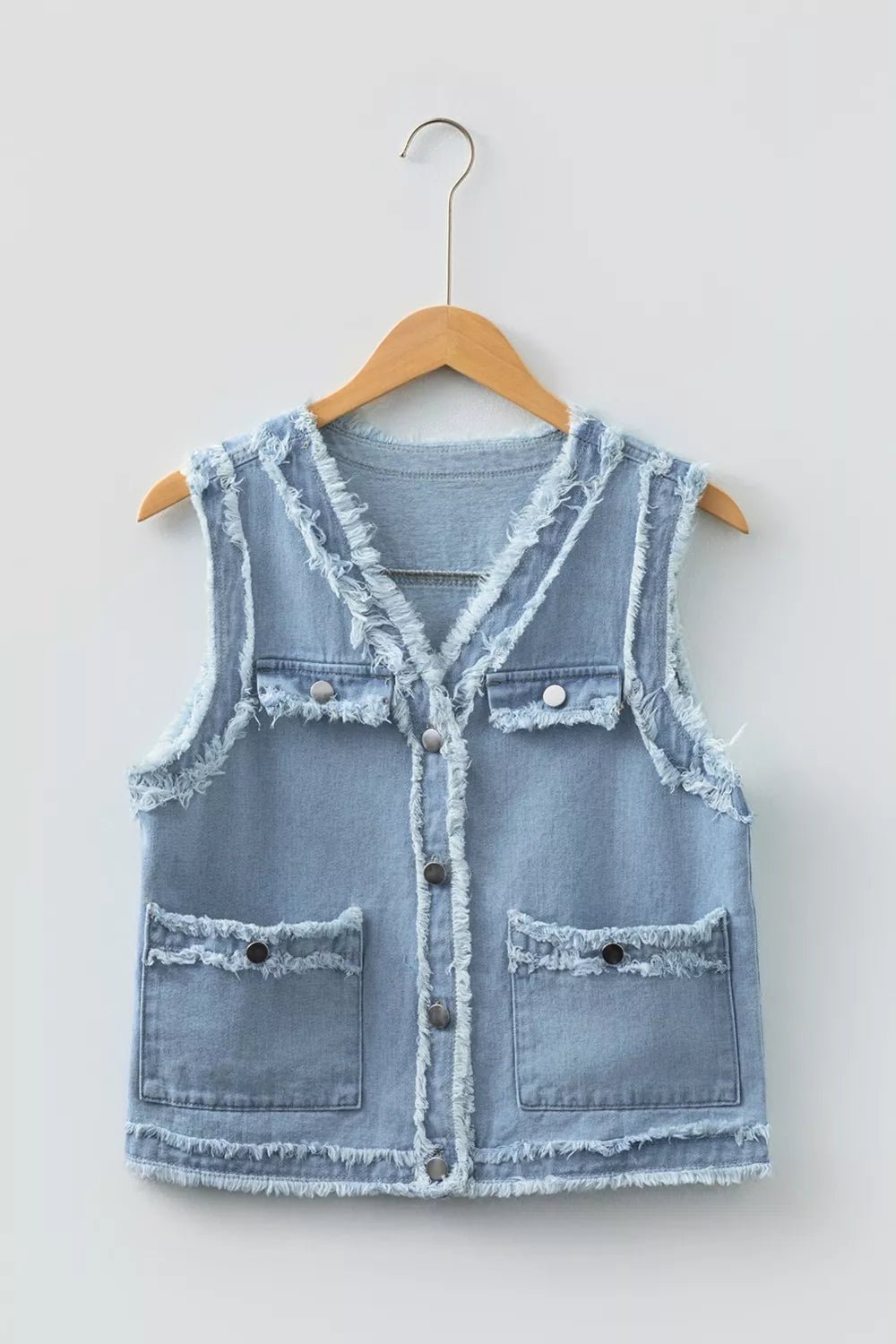 Frayed Edge Flap Pockets Denim Vest Jacket - Lara Moda