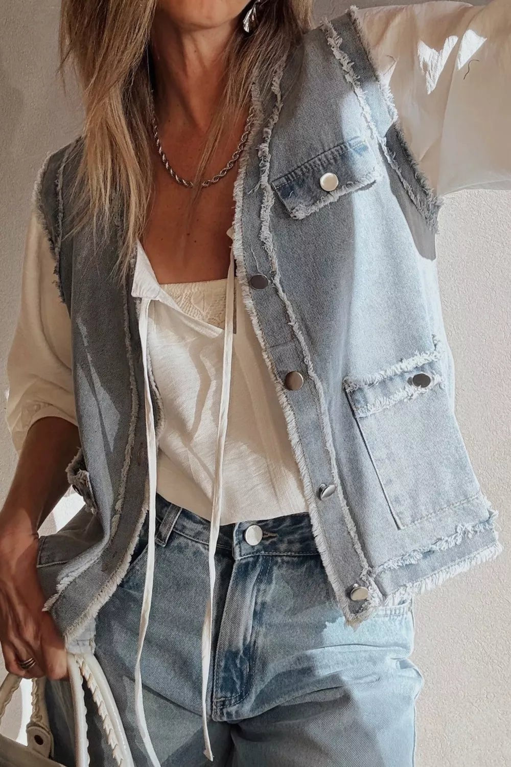 Frayed Edge Flap Pockets Denim Vest Jacket - Lara Moda