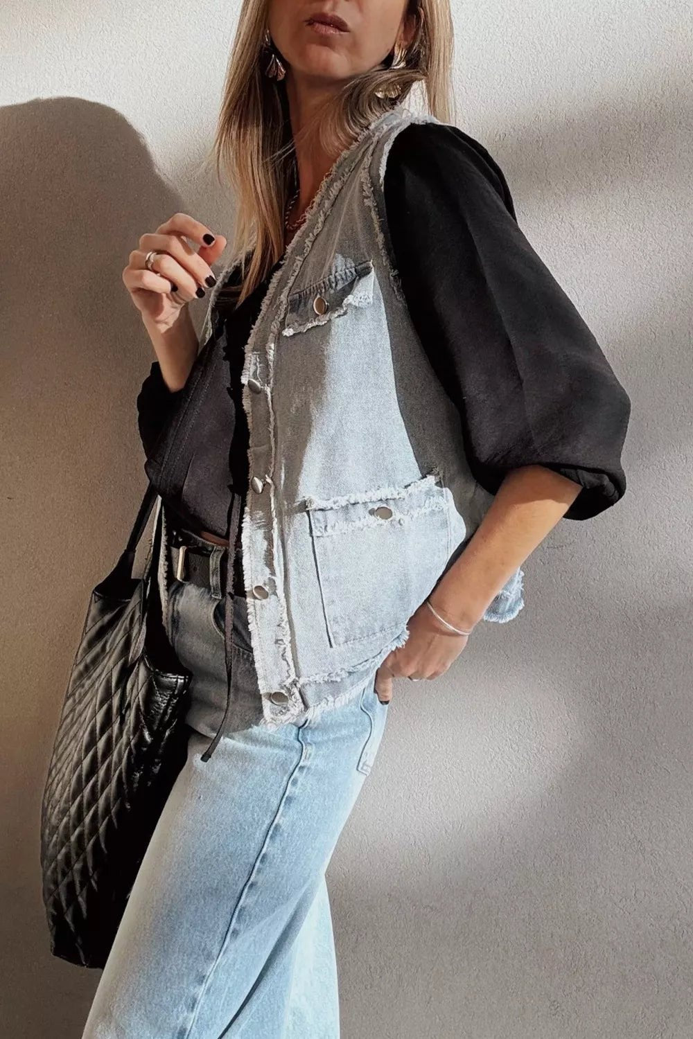 Frayed Edge Flap Pockets Denim Vest Jacket - Lara Moda