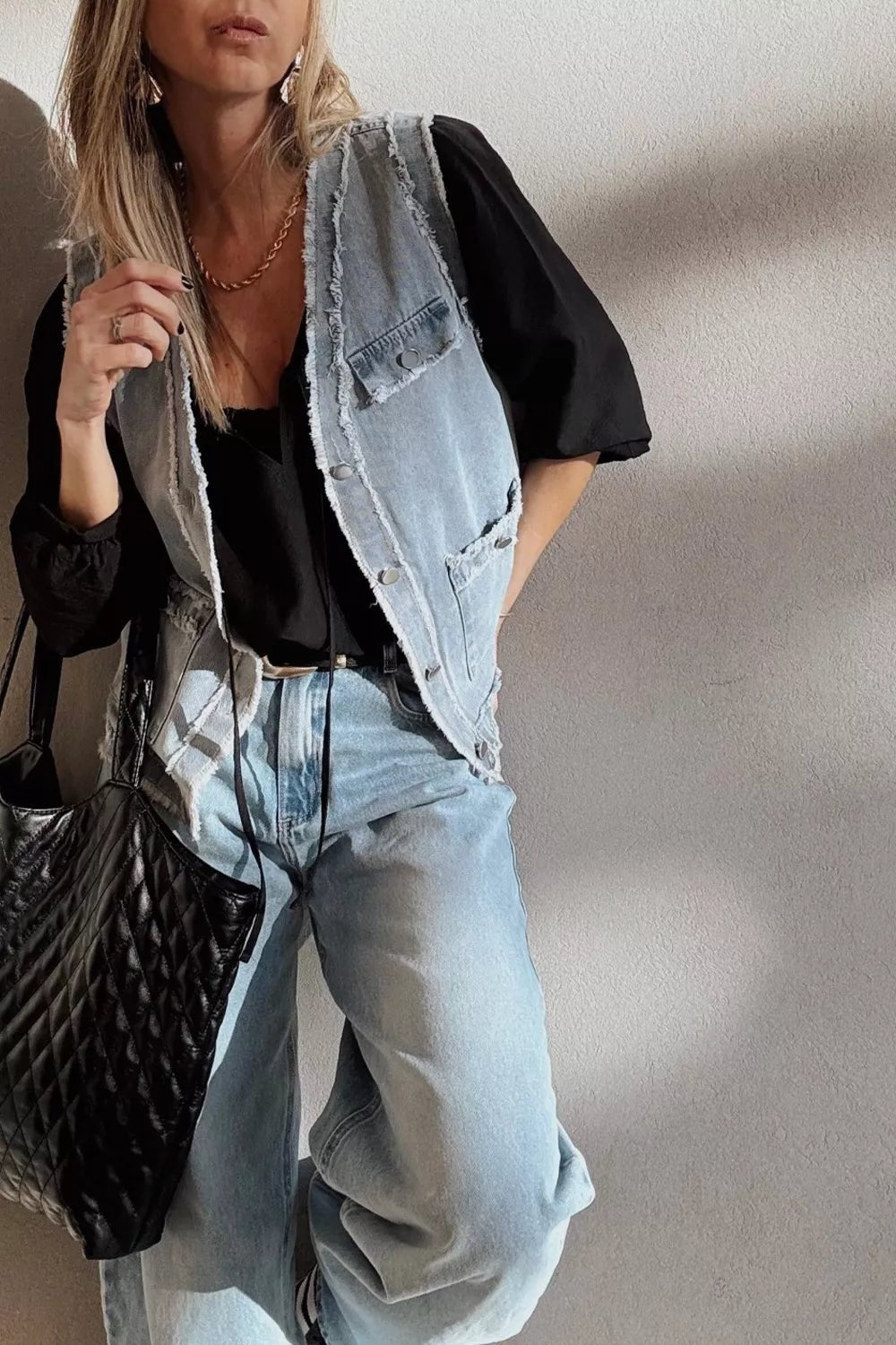Frayed Edge Flap Pockets Denim Vest Jacket - Lara Moda