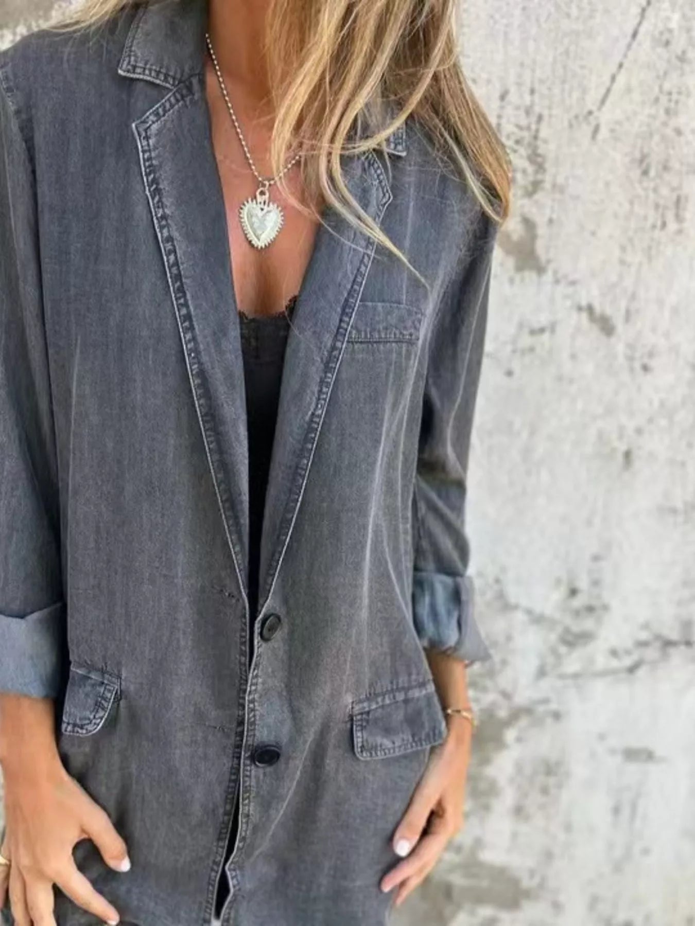 Full Size Button Down Denim Blazer Plus Size - Lara Moda