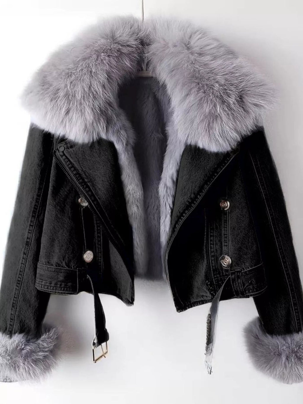 Full Size Faux Fur Collar Denim Jacket Plus Size - Lara Moda