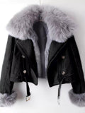 Full Size Faux Fur Collar Denim Jacket Plus Size - Lara Moda