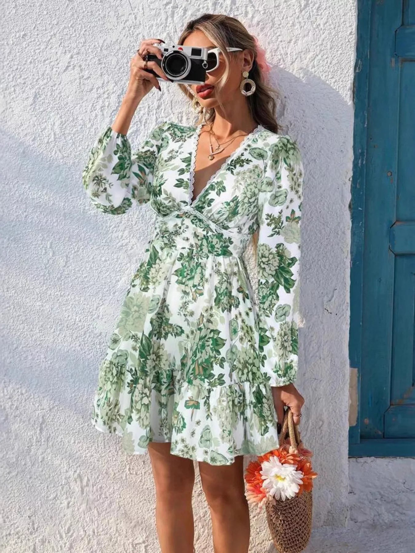 Full Size Floral Print V-Neck Long Sleeve Ruffle Hem Mini Dress Plus Size - Lara Moda