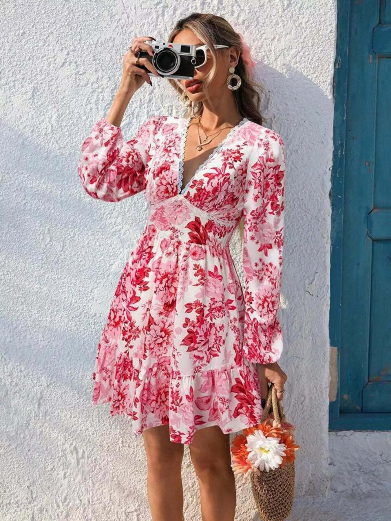 Full Size Floral Print V-Neck Long Sleeve Ruffle Hem Mini Dress Plus Size - Lara Moda