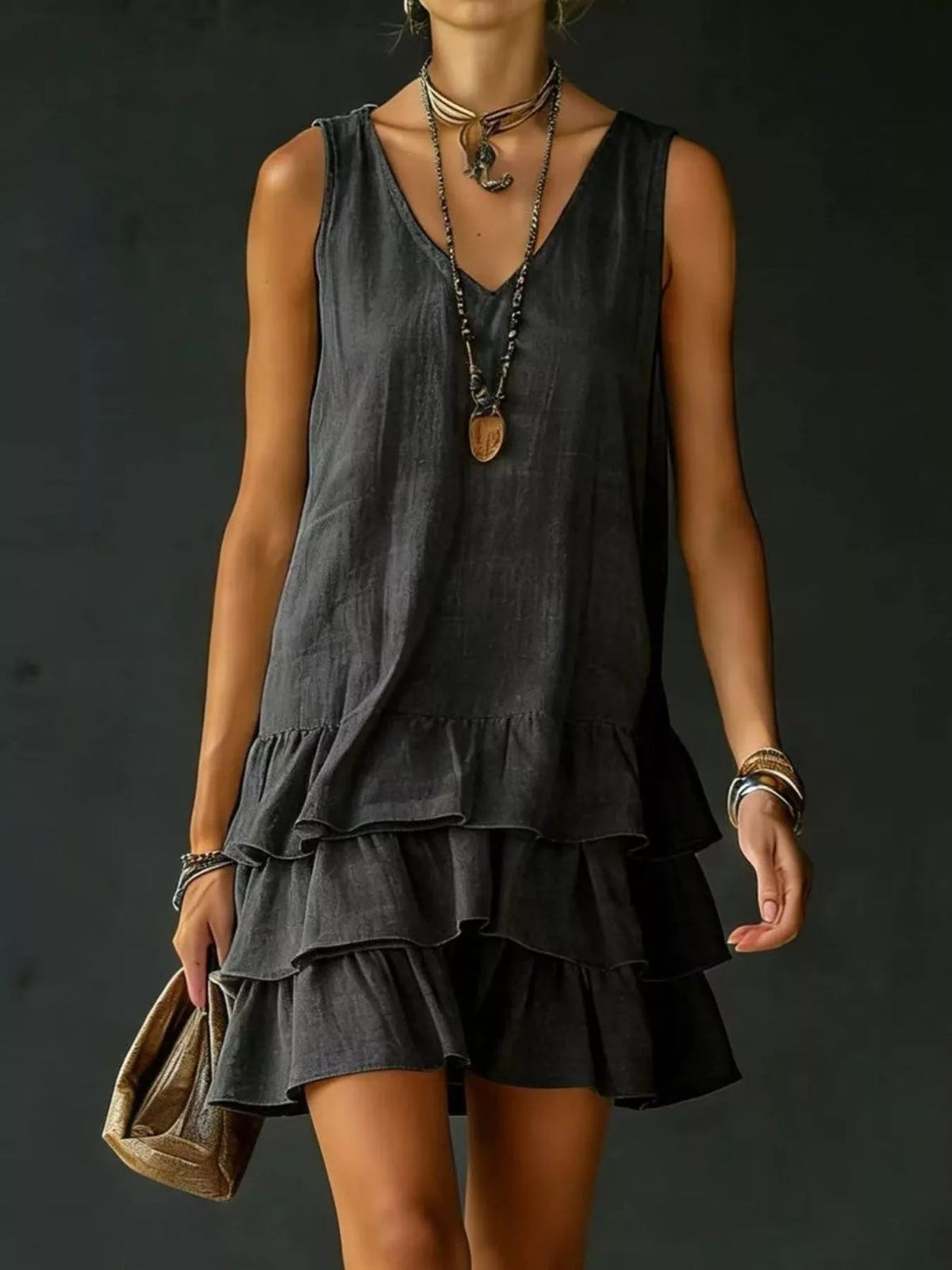 Full Size Ruffled Hem V-Neck Sleeveless Dress Plus Size - Lara-moda store