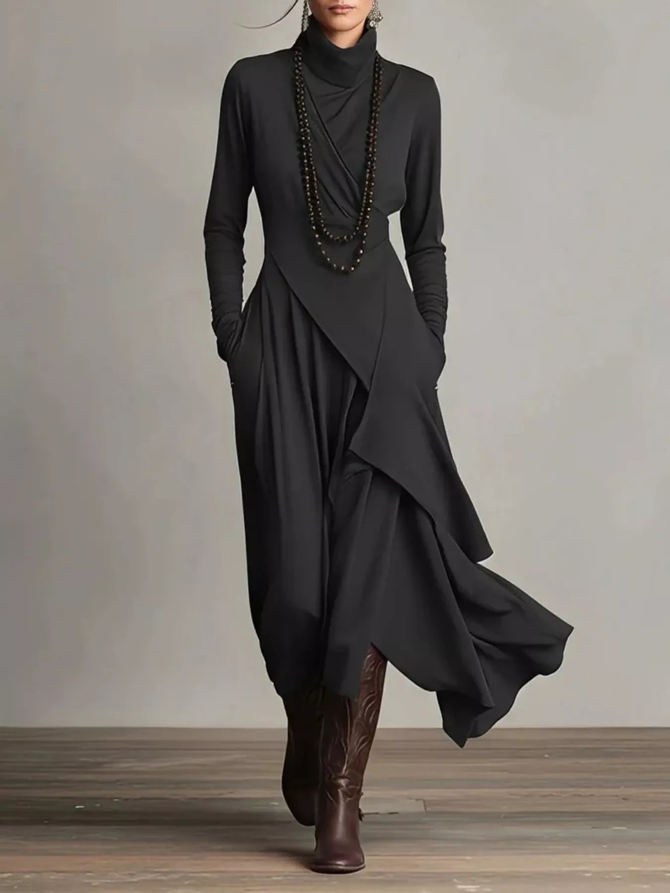 Full Size Turtleneck Asymmetrical Hem Maxi Dress Plus Size - Lara Moda