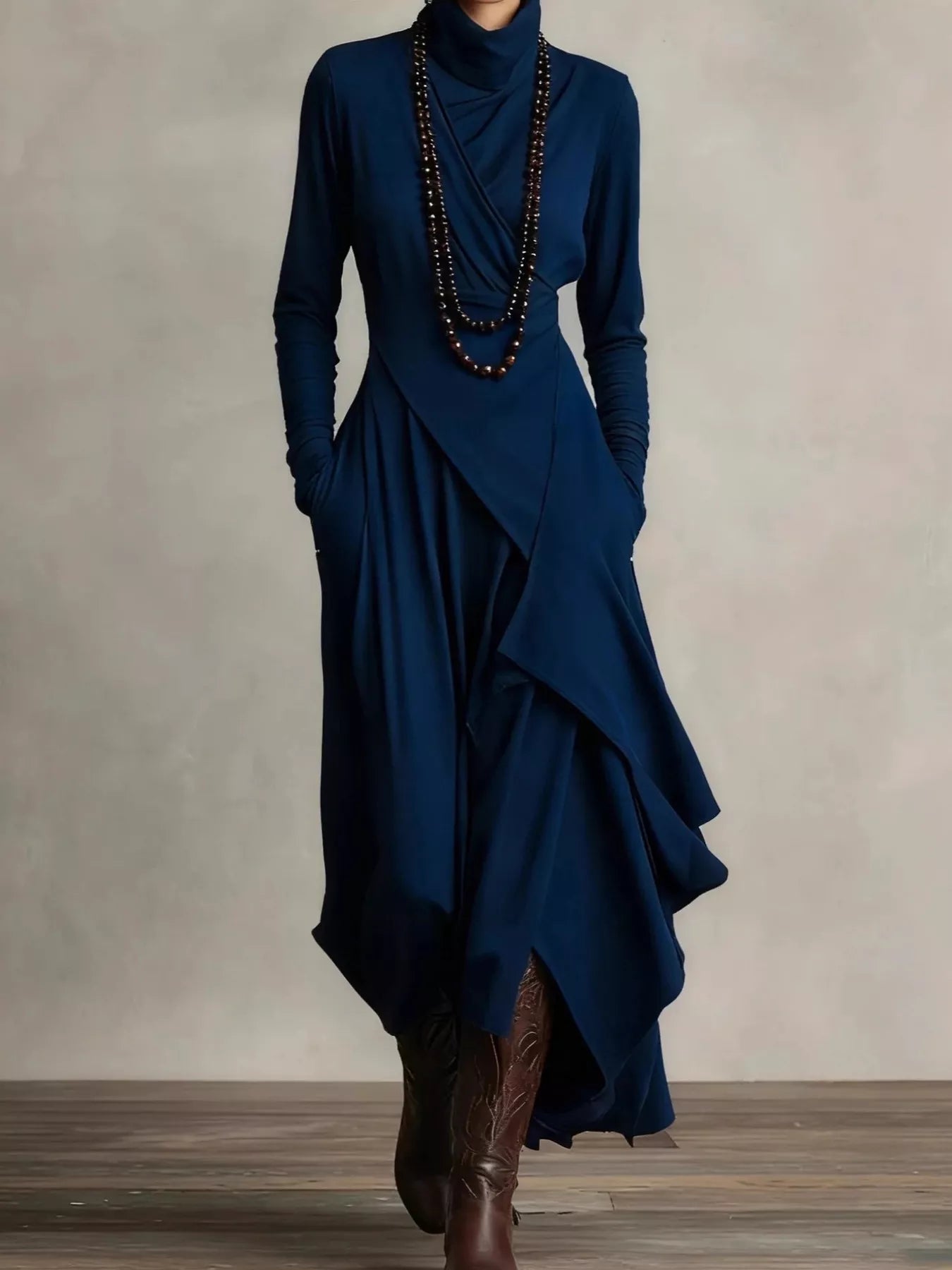 Full Size Turtleneck Asymmetrical Hem Maxi Dress Plus Size - Lara Moda