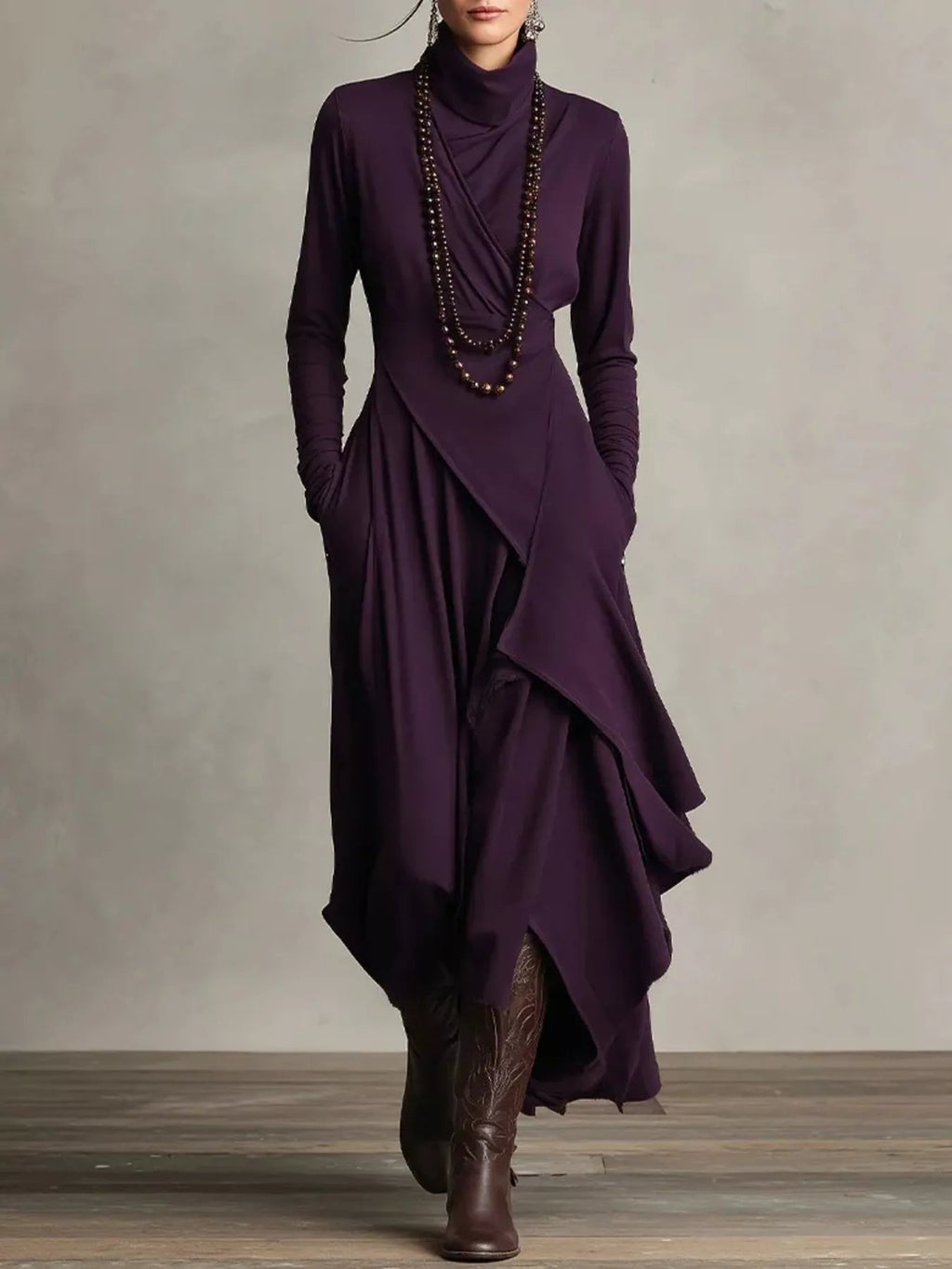 Full Size Turtleneck Asymmetrical Hem Maxi Dress Plus Size - Lara Moda