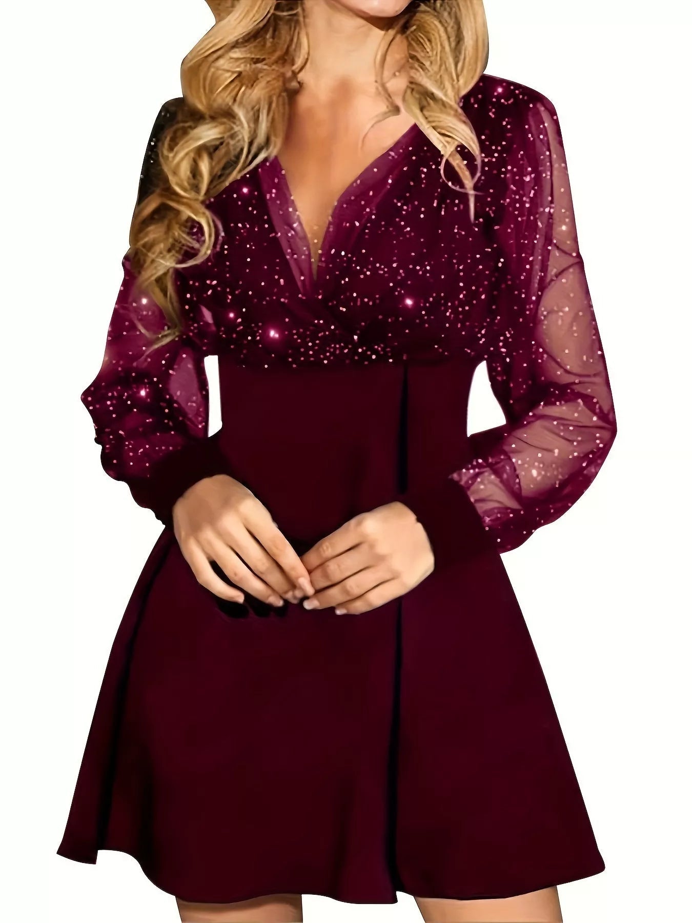 Glitter Mesh Long Sleeve Mini Dress - Lara Moda